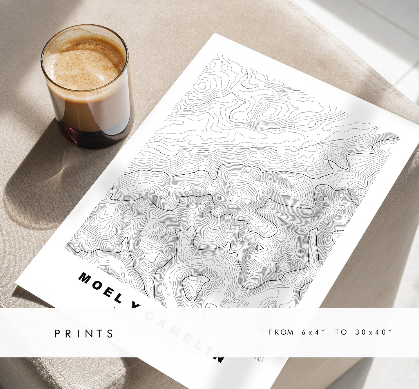 Moel y Gamelin Print - Contour Map - Clwydian Hills - Wales - Topographic Map - Print - Poster - Wall Art - Moel y Gamelin - Llantysilio
