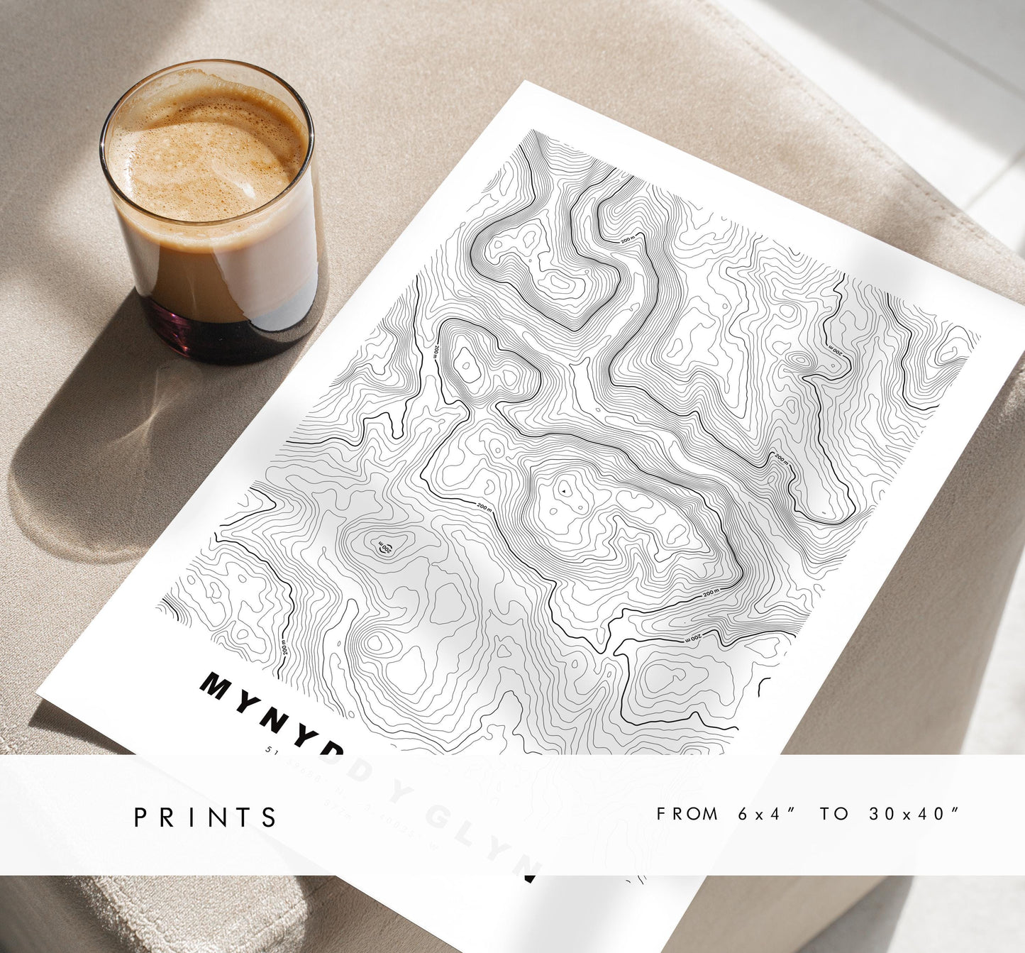 Mynydd y Glyn Print - Contour Map - Cardiff - Wales - Topographic Map - Print - Poster - Wall Art - Mynydd y Glyn Poster - Map Print
