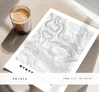 Mynydd y Glyn Print - Contour Map - Cardiff - Wales - Topographic Map - Print - Poster - Wall Art - Mynydd y Glyn Poster - Map Print