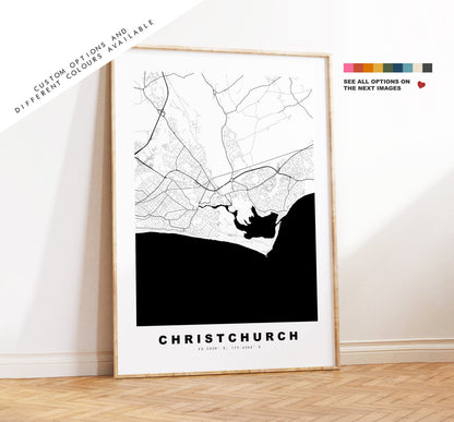 Christchurch Map Print - Minimalist City Map Poster - Map Art - UK - Christchurch Print - Christchurch Poster - Different Colours Available