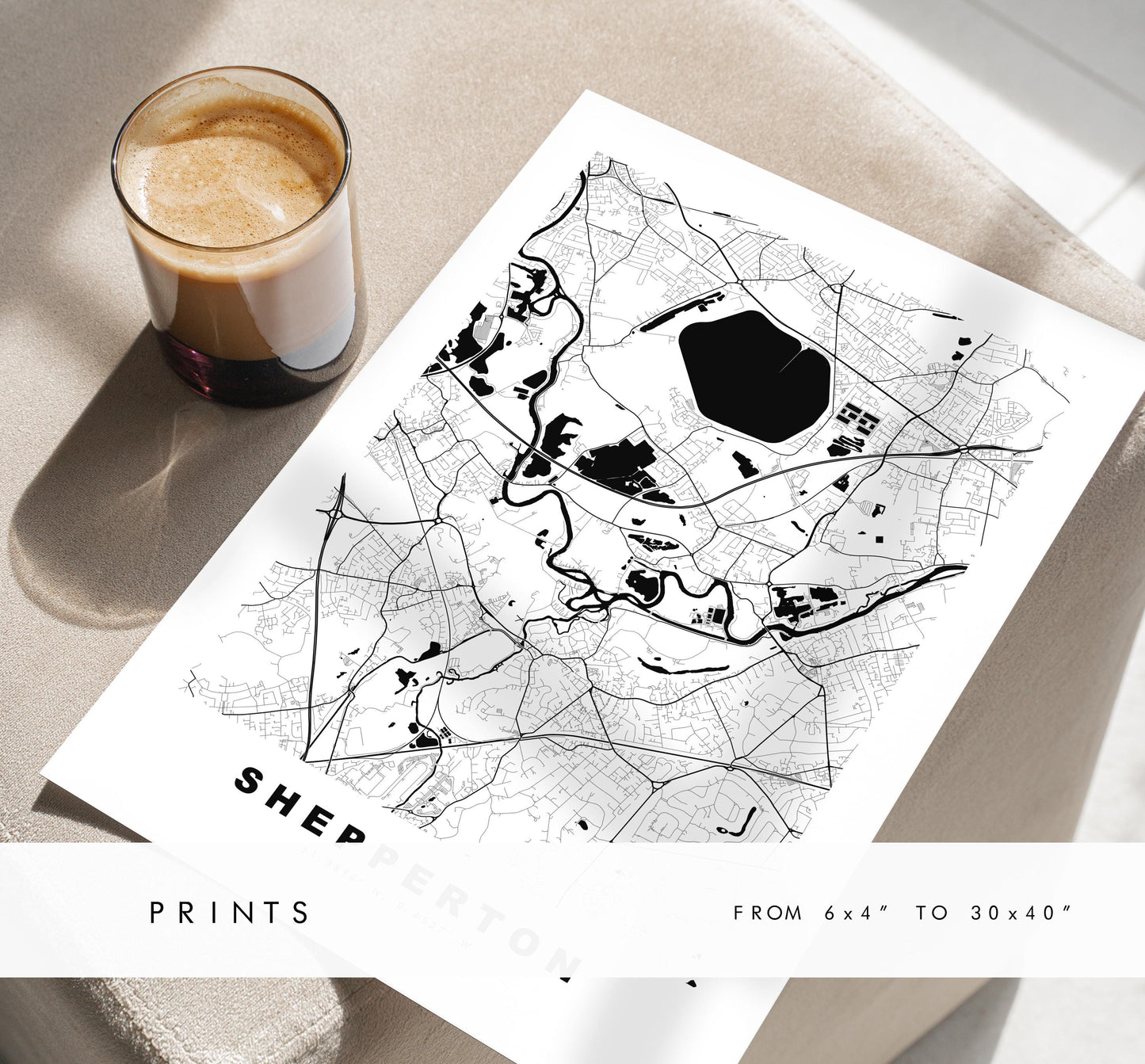 Shepperton Map Print - Minimalist City Map Poster - Map Art - UK - Shepperton Print - Shepperton, Surrey - Different Colours Available