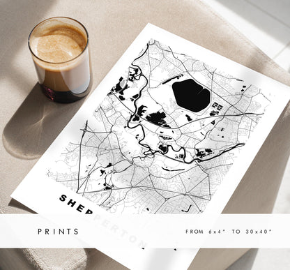 Shepperton Map Print - Minimalist City Map Poster - Map Art - UK - Shepperton Print - Shepperton, Surrey - Different Colours Available