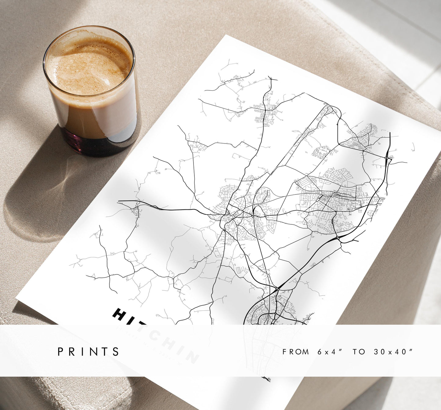 Hitchin Map Print - Minimalist City Map Poster - Map Art - UK - Hitchin Print - Hitchin, Hertfordshire - Different Colours Available