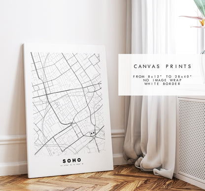 Soho Map Print - Minimalist City Map Poster - Map Art - London, UK - Soho Print - Soho Poster - Different Colours Available