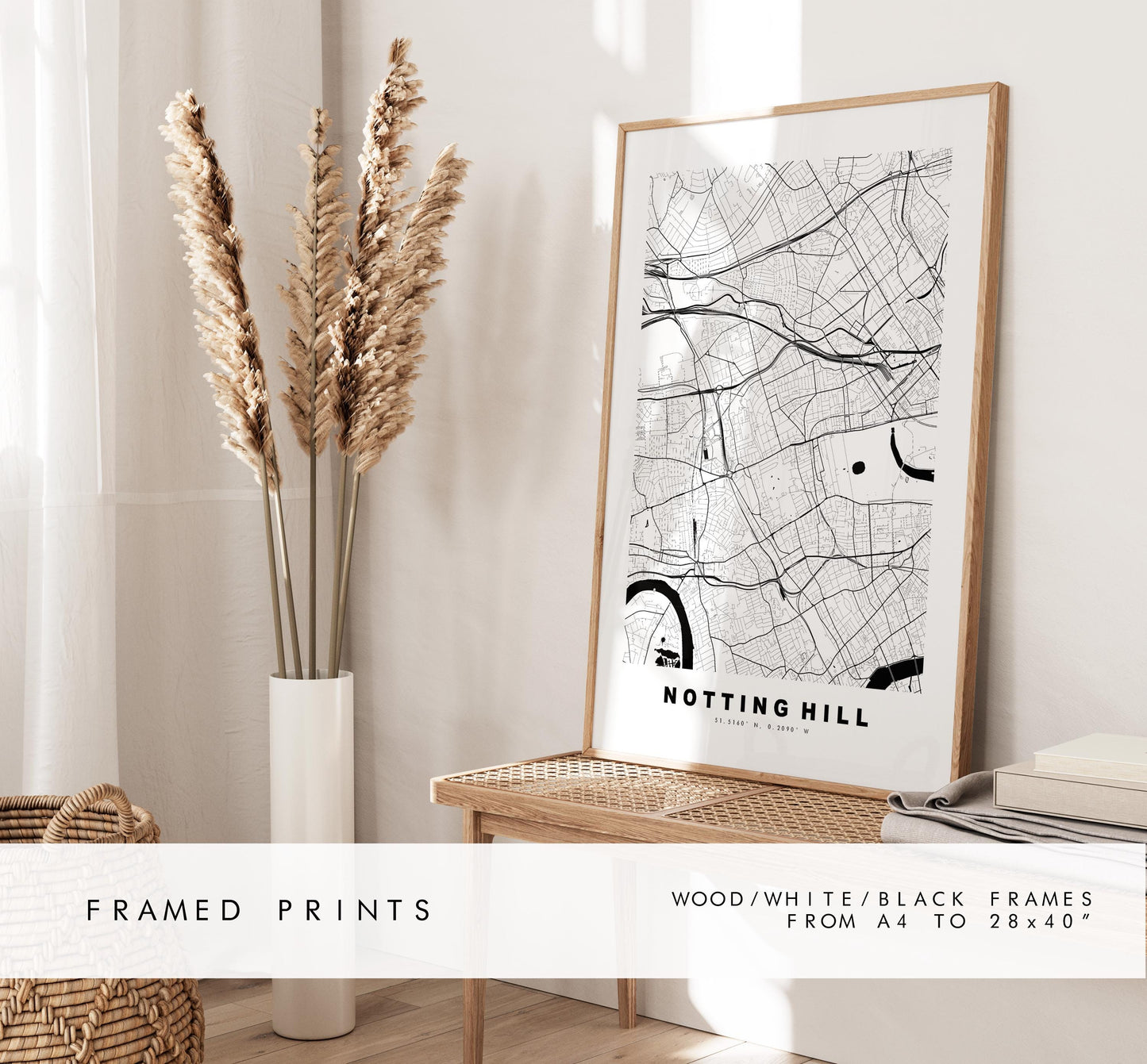 Notting Hill Map Print - Minimalist City Map Poster - Map Art - UK - Notting Hill Print - Notting Hill, London - Different Colours Available