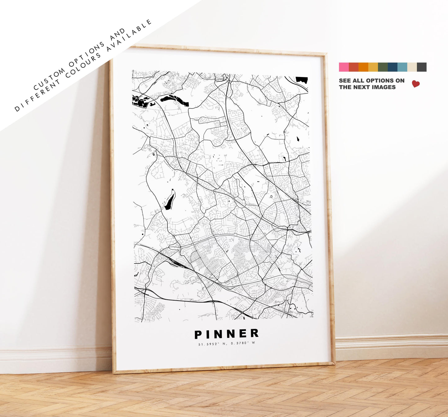 Pinner Map Print - Minimalist City Map Poster - Map Art - UK - Pinner Print - Pinner, London - Different Colours Available
