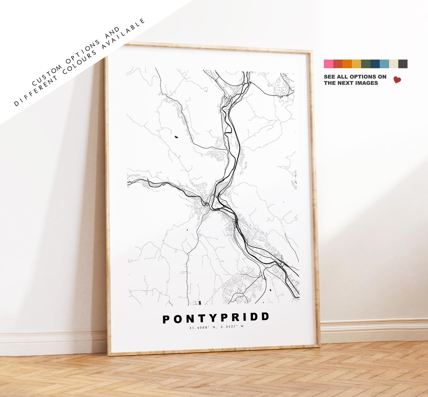Pontypridd Map Print - Minimalist City Map Poster - Map Art - Wales - Pontypridd Print - Pontypridd Poster - Different Colours Available