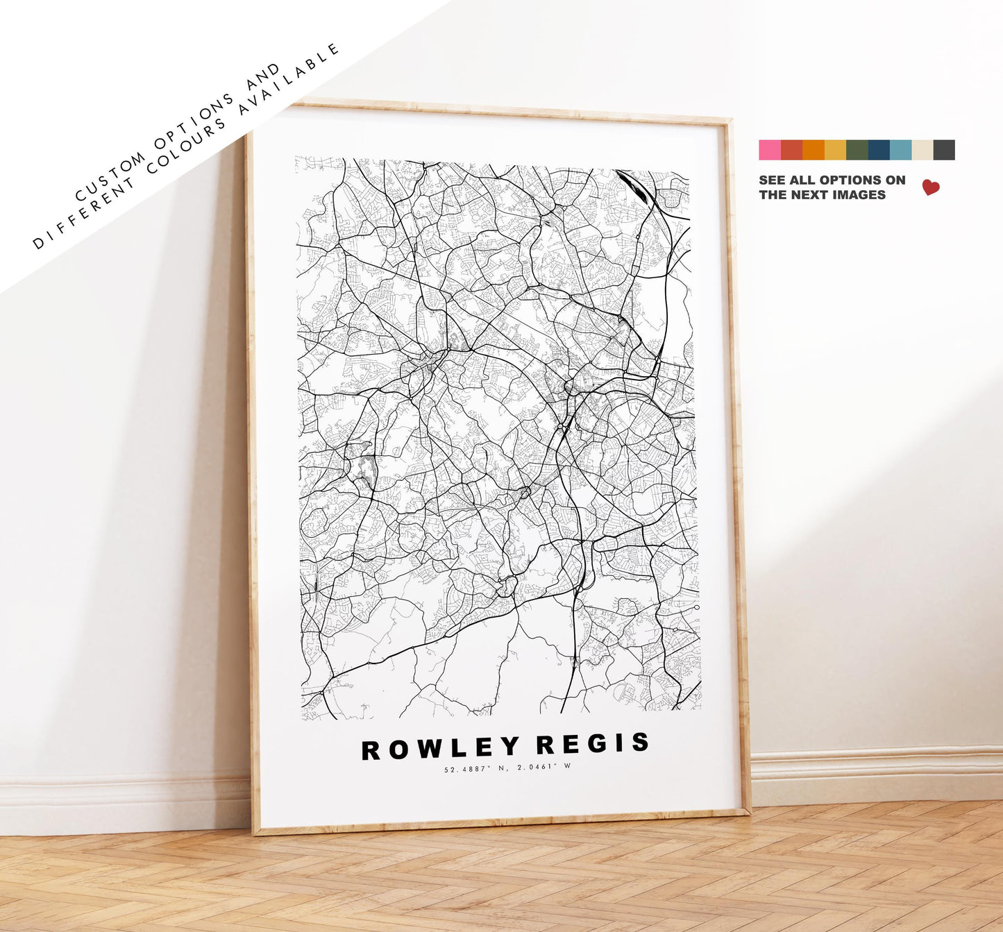 Rowley Regis Map Print - Minimalist City Map Poster - Map Art - UK - Rowley Regis Print - West Midlands - Different Colours Available