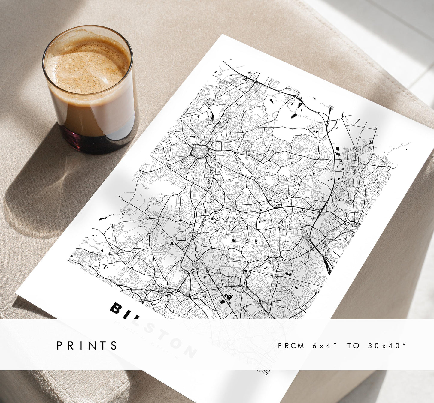Bilston Map Print - Minimalist City Map Poster - Map Art - UK - Bilston Print - Bilston, West Midlands - Different Colours Available