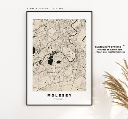 Molesey Map Print - Minimalist City Map Poster - Map Art - UK - Molesey Print - Molesey, Surrey - Different Colours Available