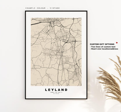 Leyland Map Print - Minimalist City Map Poster - Map Art - UK - Leyland Print - Leyland, Lancashire - Different Colours Available