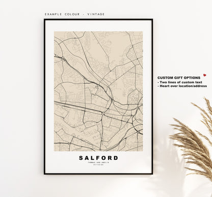 Salford Map Print - Minimalist City Map Poster - Map Art - UK - Salford Print - Salford Manchester - Poster - Different Colours Available