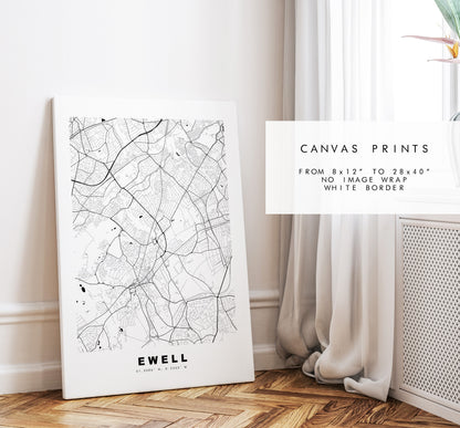 Ewell Map Print - Minimalist City Map Poster - Map Art - UK - Ewell Print - Ewell Poster - Different Colours Available