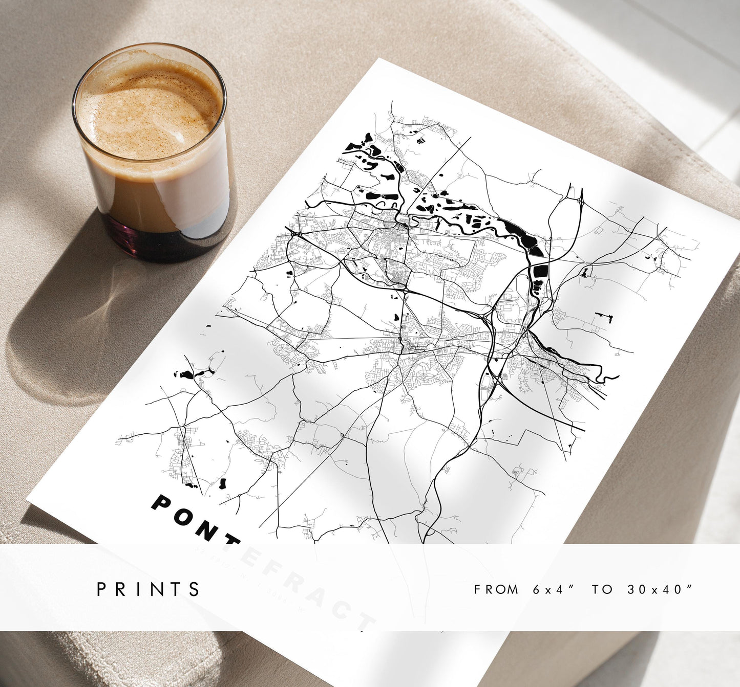 Pontefract Map Print - Minimalist City Map Poster - Map Art - UK - Pontefract Print - Pontefract, Yorkshire - Different Colours Available