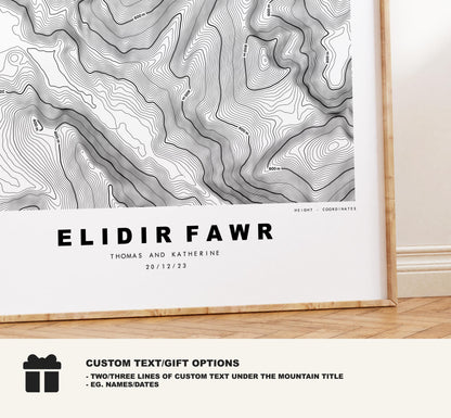 Elidir Fawr Print - Contour Map - Snowdonia - Wales - Topographic Map - Print - Poster - Wall Art - Elidir Fawr Poster - Glyderau Range