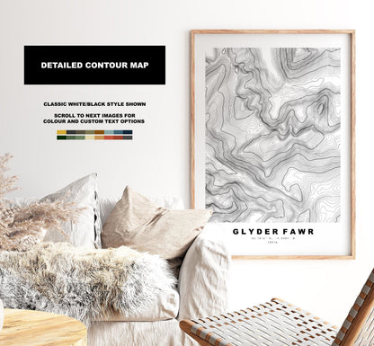 Glyder Fawr Print - Contour Map - Snowdonia - Wales - Topographic Map - Print - Poster - Wall Art - Glyder Fawr Poster - Relief Map