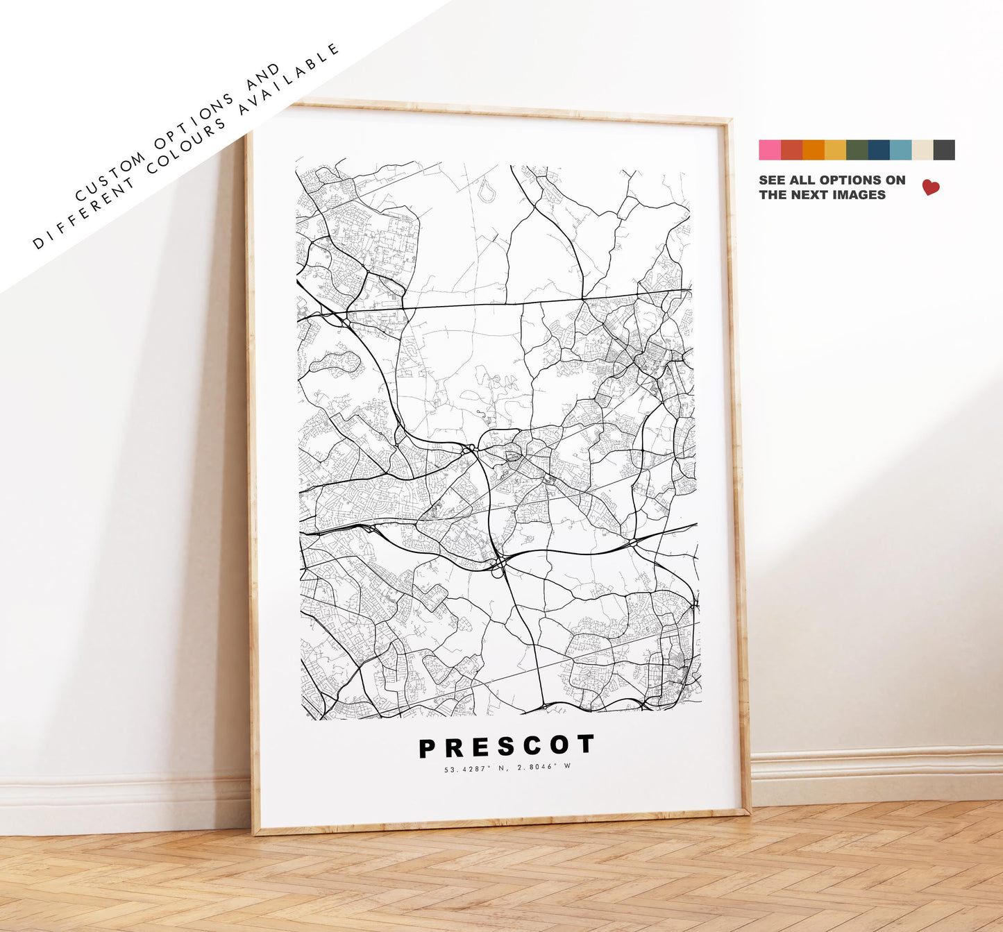 Prescot Map Print - Minimalist City Map Poster - Map Art - UK - Prescot Print - Prescot, Merseyside - Different Colours Available