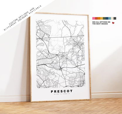 Prescot Map Print - Minimalist City Map Poster - Map Art - UK - Prescot Print - Prescot, Merseyside - Different Colours Available