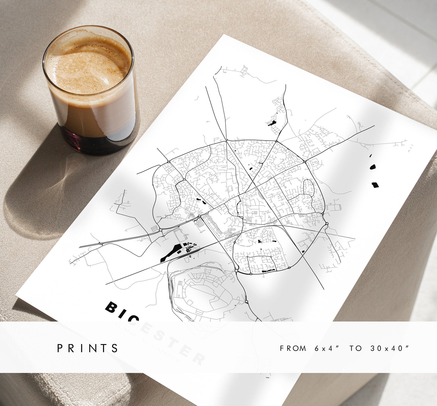Bicester Map Print - Minimalist City Map Poster - Map Wall Art - UK - Bicester Print - Bicester Poster - Different Colours Available