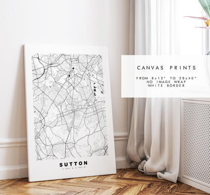 Sutton Map Print - Minimalist City Map Poster - Map Art - UK - Sutton Print - Sutton, London - Different Colours Available