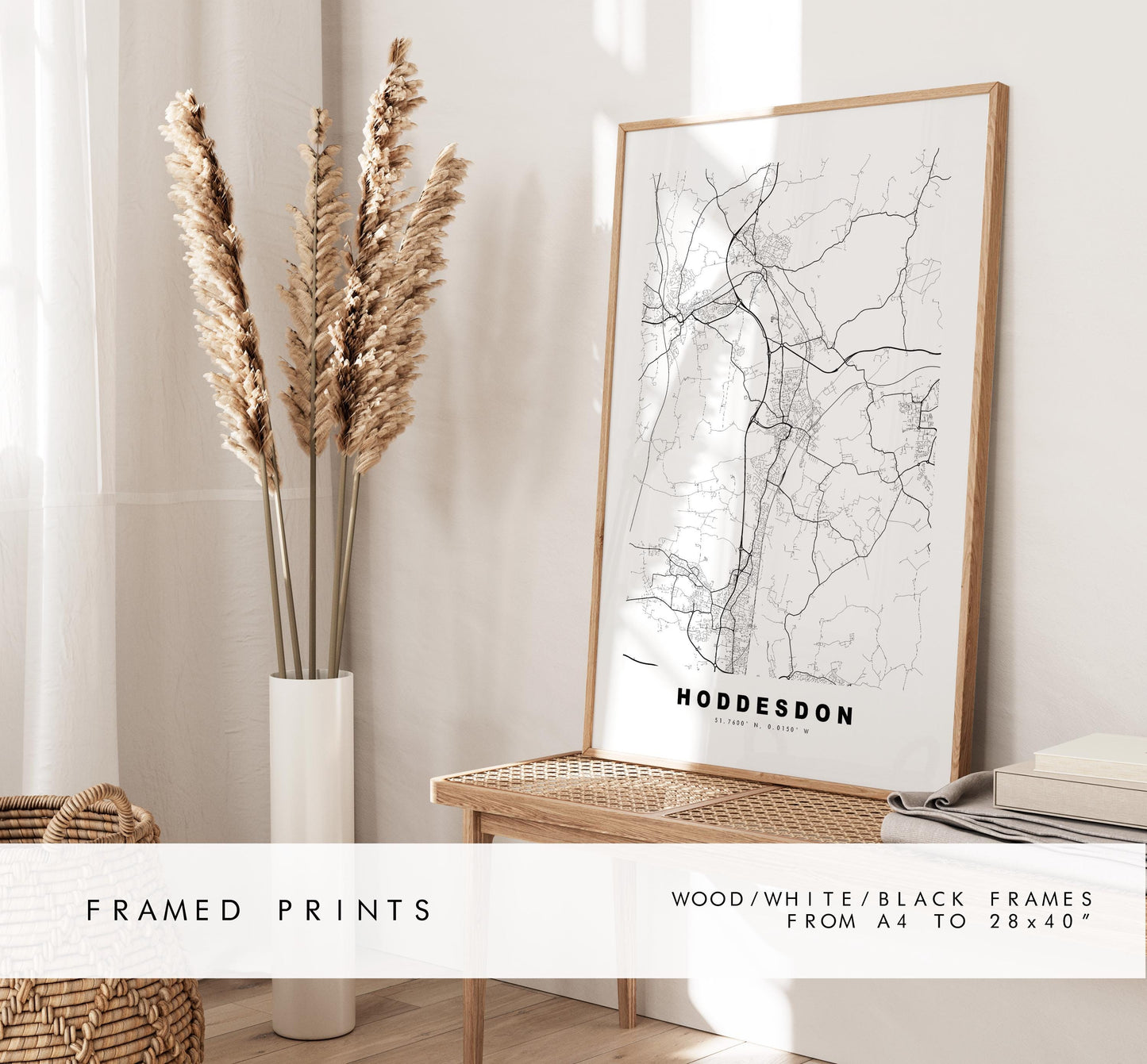 Hoddesdon Map Print - Minimalist City Map Poster - Map Art - UK - Hoddesdon Print - Hoddesdon, Hertfordshire - Different Colours Available