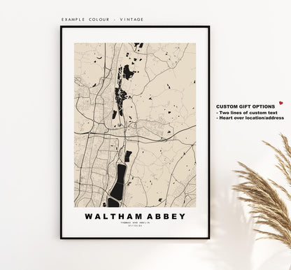 Waltham Abbey Map Print - Minimalist City Map Poster - Map Art - UK - Waltham Abbey Print - Essex - Different Colours Available