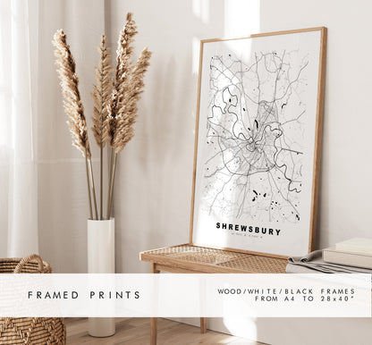 Shrewsbury Map Print - Minimalist City Map Poster - Map Art - UK - Shrewsbury Print - Shrewsbury Poster - Different Colours Available