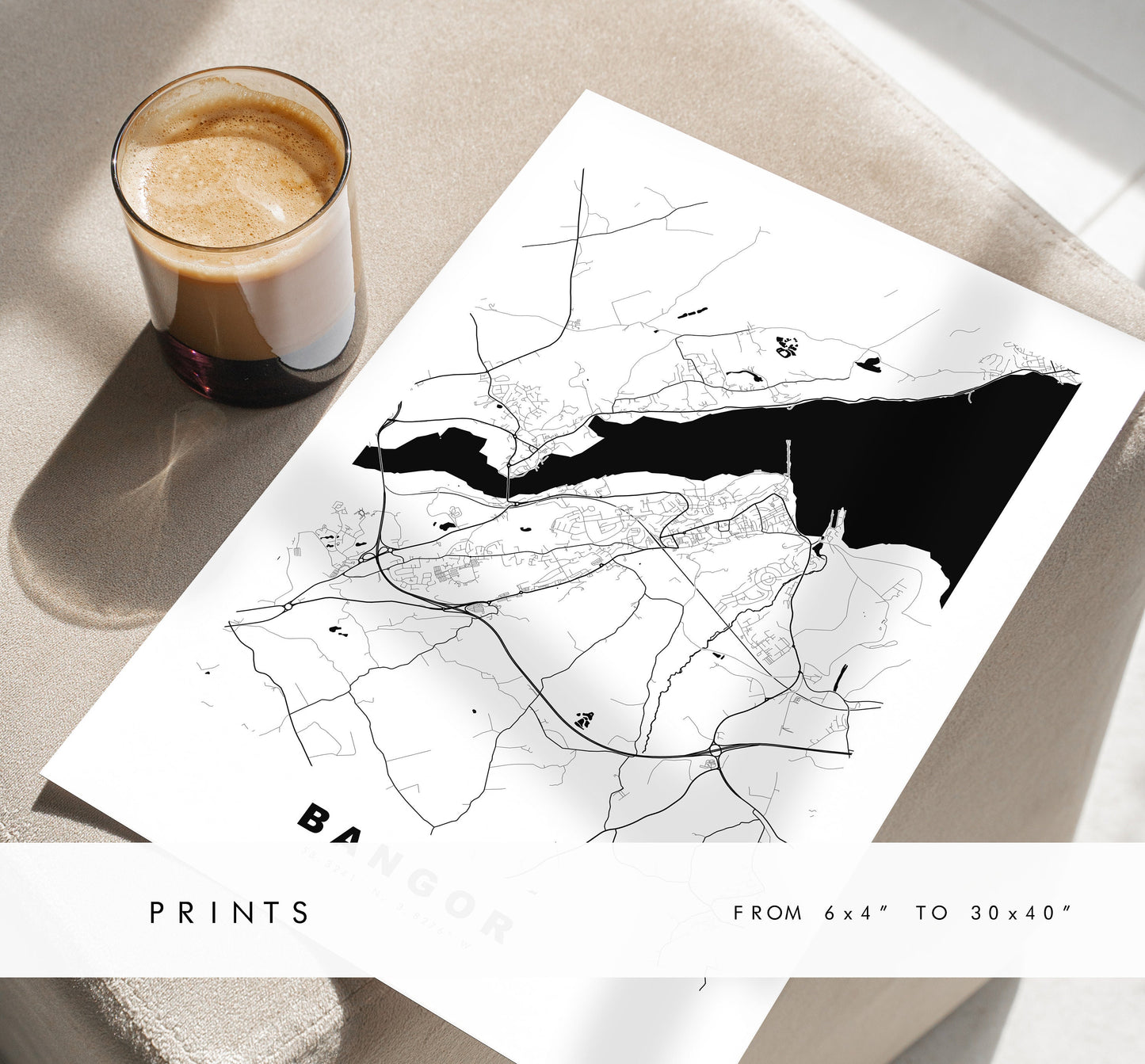 Bangor Map Print - Minimalist City Map Poster - Map Art - Wales - UK - Bangor Print - Bangor Poster - Different Colours Available