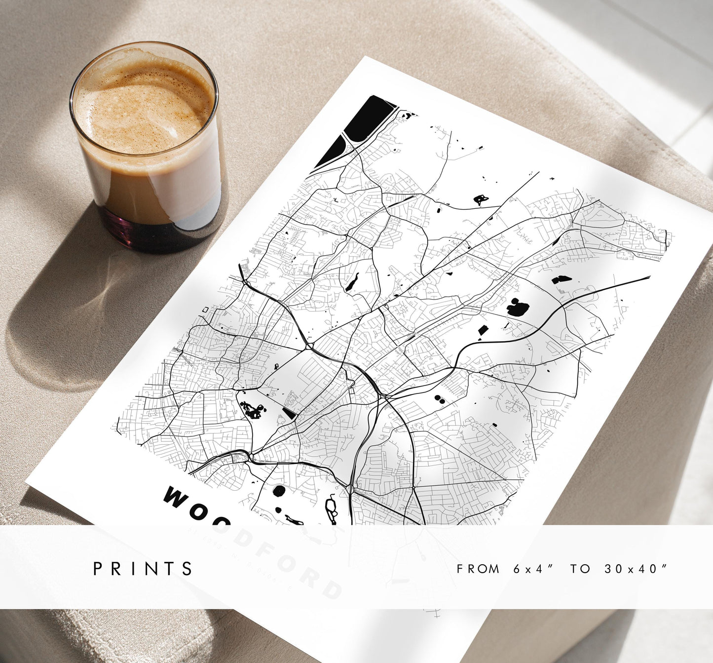 Woodford Map Print - Minimalist City Map Poster - Map Art - UK - Woodford Print - Woodford, London - Different Colours Available