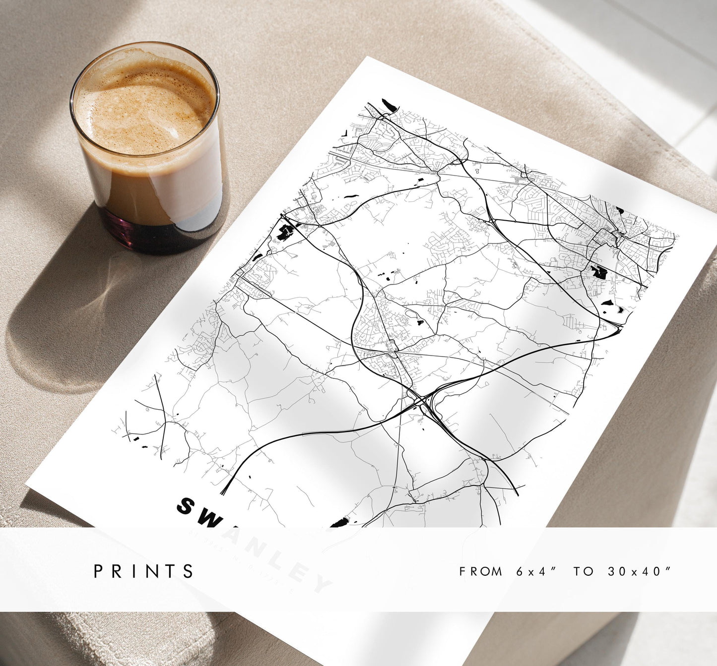 Swanley Map Print - Minimalist City Map Poster - Map Art - UK - Swanley Print - Swanley, Kent - Different Colours Available