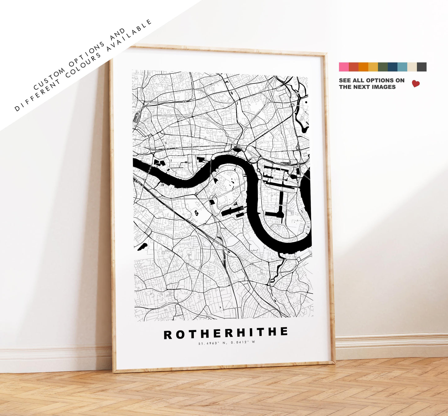 Rotherhithe Map Print - Minimalist City Map Poster - Map Art - UK - Rotherhithe Print - Rotherhithe, London - Different Colours Available
