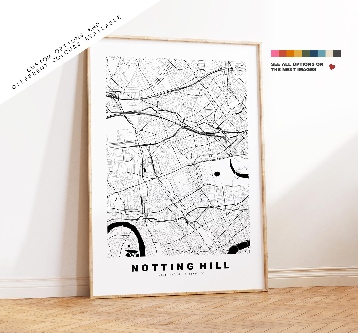 Notting Hill Map Print - Minimalist City Map Poster - Map Art - UK - Notting Hill Print - Notting Hill, London - Different Colours Available