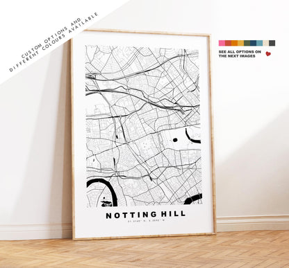 Notting Hill Map Print - Minimalist City Map Poster - Map Art - UK - Notting Hill Print - Notting Hill, London - Different Colours Available