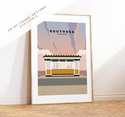 Southsea Travel Poster (Sunset) - Wall Art Print - Southsea and Portsmouth Travel Posters - Minimalist Retro Style - Prints or Framed Prints
