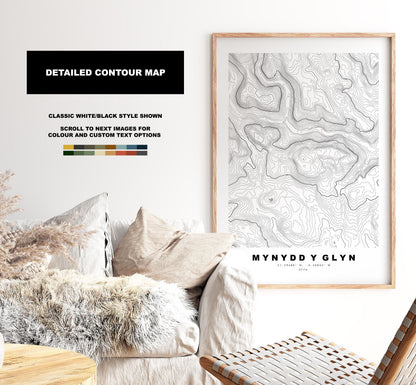 Mynydd y Glyn Print - Contour Map - Cardiff - Wales - Topographic Map - Print - Poster - Wall Art - Mynydd y Glyn Poster - Map Print
