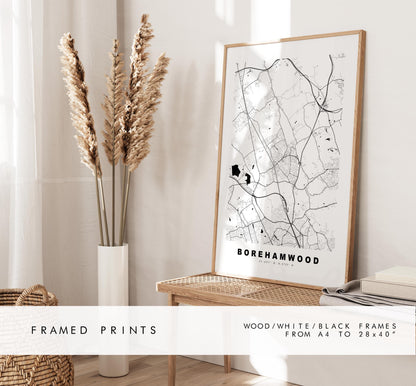 Borehamwood Map Print - Minimalist City Map Poster - Map Art - UK - Borehamwood Print - Hertfordshire - Different Colours Available