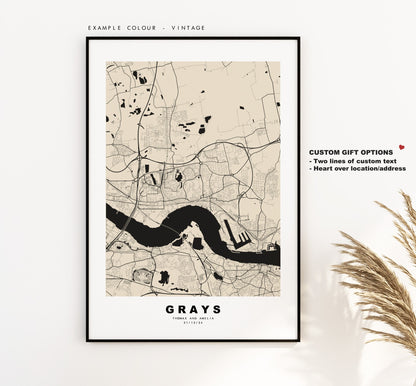 Grays Map Print - Minimalist City Map Poster - Map Art - UK - Grays Print - Grays, Essex Poster - Different Colours Available