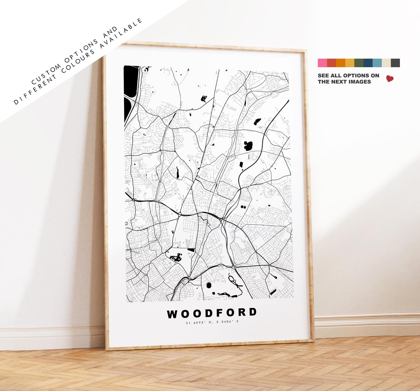 Woodford Map Print - Minimalist City Map Poster - Map Art - UK - Woodford Print - Woodford, London - Different Colours Available