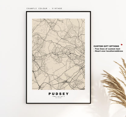 Pudsey Map Print - Minimalist City Map Poster - Map Art - UK - Pudsey Print - Pudsey, West Yorkshire - Different Colours Available