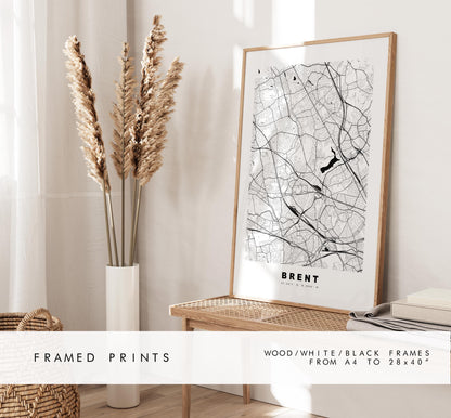 Brent Map Print - Minimalist City Map Poster - Map Art - UK - Brent Print - Brent, London - Different Colours Available