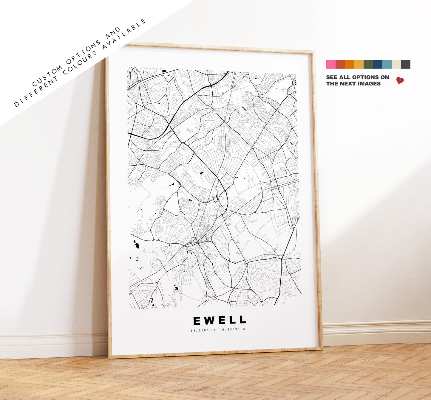 Ewell Map Print - Minimalist City Map Poster - Map Art - UK - Ewell Print - Ewell Poster - Different Colours Available