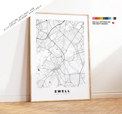 Ewell Map Print - Minimalist City Map Poster - Map Art - UK - Ewell Print - Ewell Poster - Different Colours Available