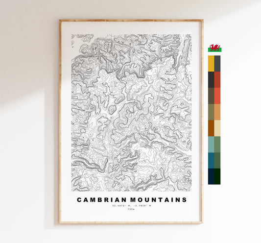 Cambrian Mountains Map Print - Contour Map - Topographic Map - Print - Poster - Mynyddoedd Cambria -Plynlimon - Wales
