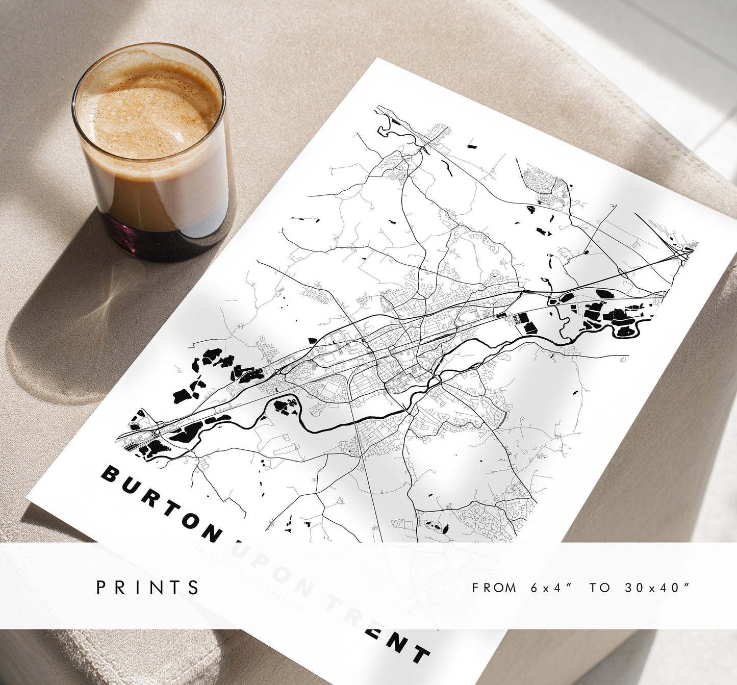 Burton upon Trent Map Print - Minimalist City Map Poster - Map Art - UK - Burton Print - Burton Poster - Different Colours Available