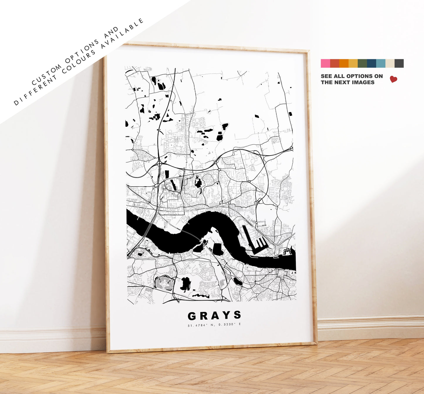 Grays Map Print - Minimalist City Map Poster - Map Art - UK - Grays Print - Grays, Essex Poster - Different Colours Available