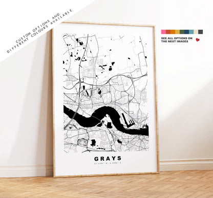 Grays Map Print - Minimalist City Map Poster - Map Art - UK - Grays Print - Grays, Essex Poster - Different Colours Available