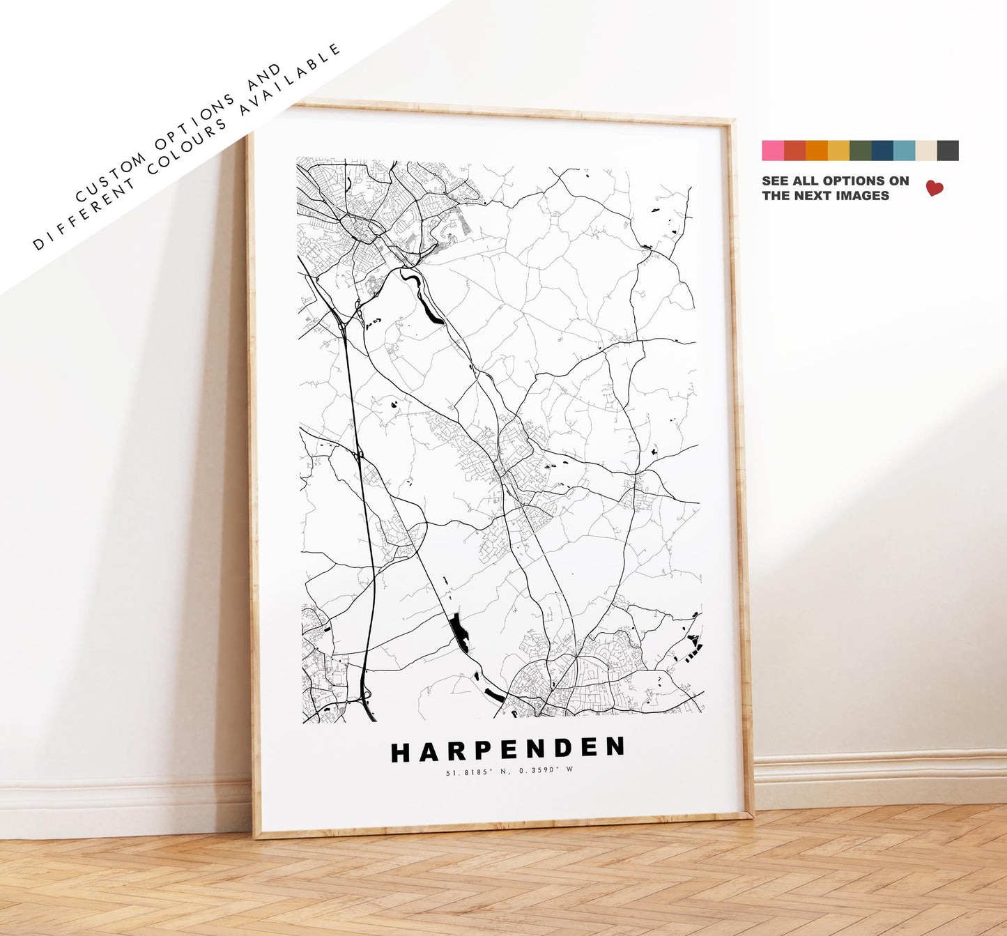 Harpenden Map Print - Minimalist City Map Poster - Map Art - UK - Harpenden Print - Harpenden, Hertfordshire - Different Colours Available