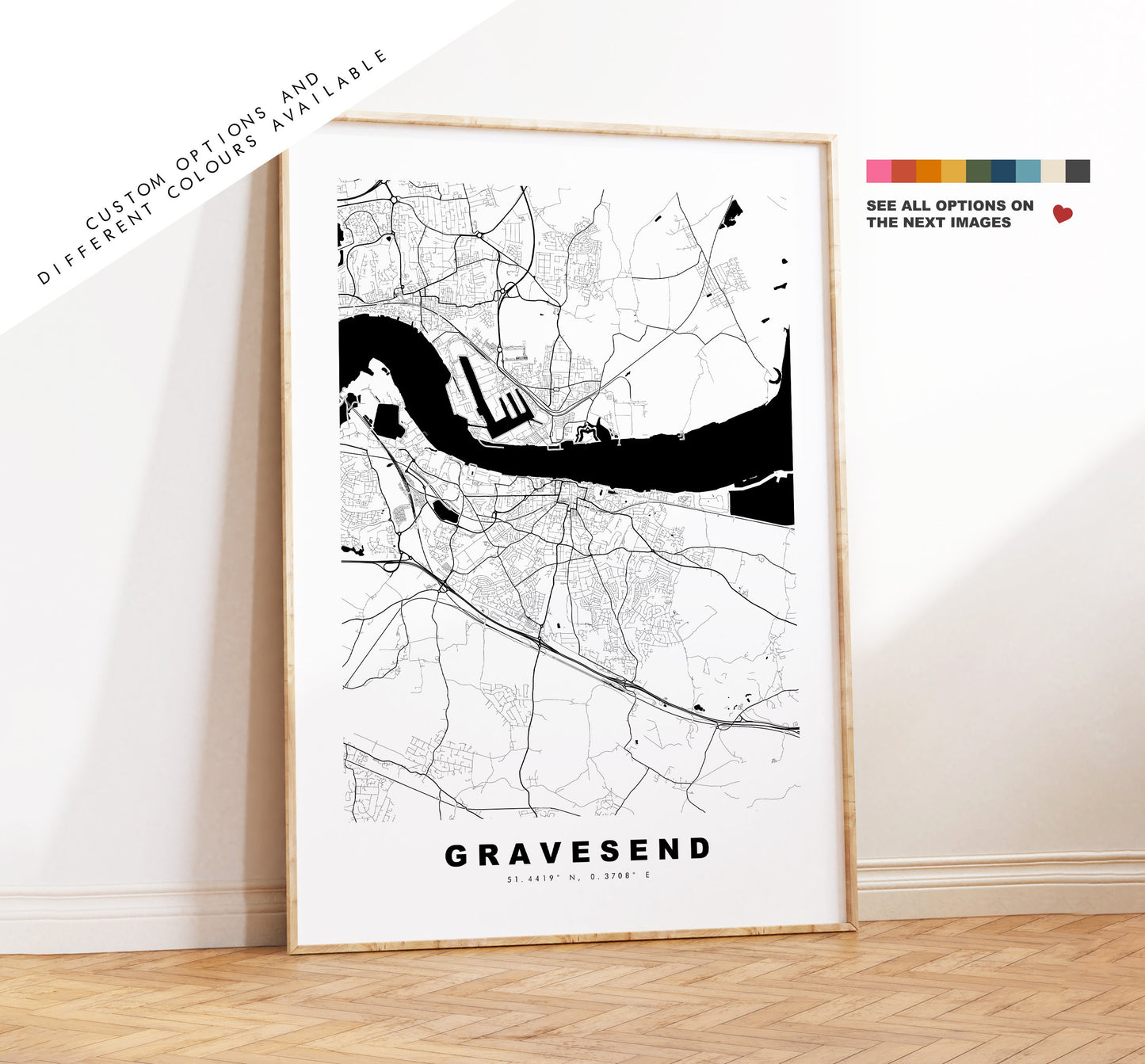 Gravesend Map Print - Minimalist City Map Poster - Map Art - UK - Gravesend Print - Gravesend Poster - Different Colours Available