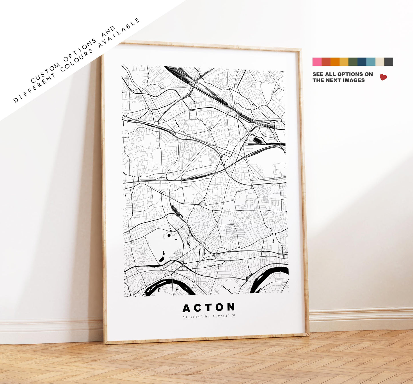 Acton Map Print - Minimalist City Map Poster - Map Art - UK - Acton Print - Acton, London Poster - Different Colours Available