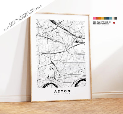 Acton Map Print - Minimalist City Map Poster - Map Art - UK - Acton Print - Acton, London Poster - Different Colours Available